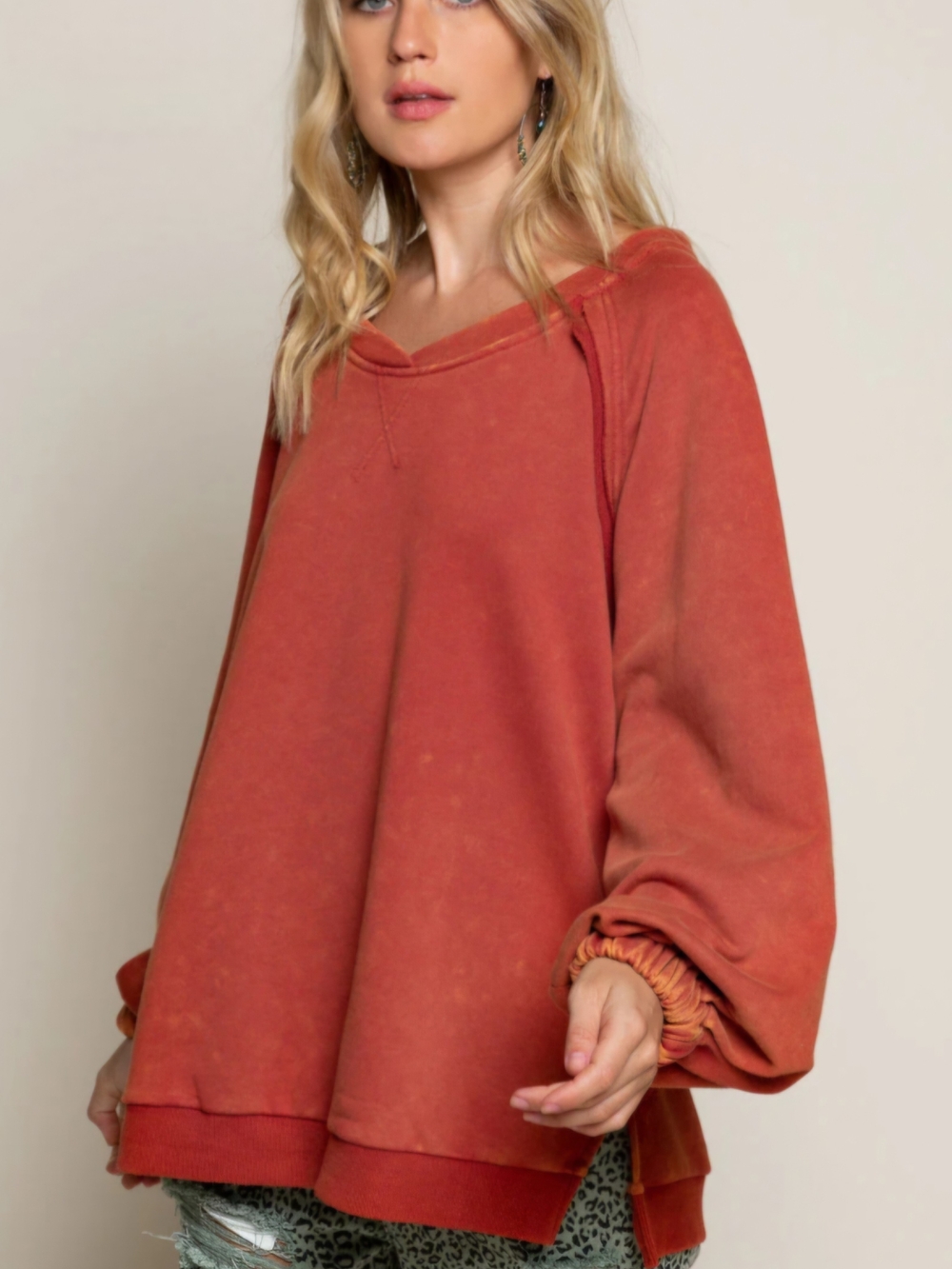 P123 NWT POL Crewneck Sweatshirt Criss Cross Back Cutout Raglan Seam Distressed - Picture 3 of 14